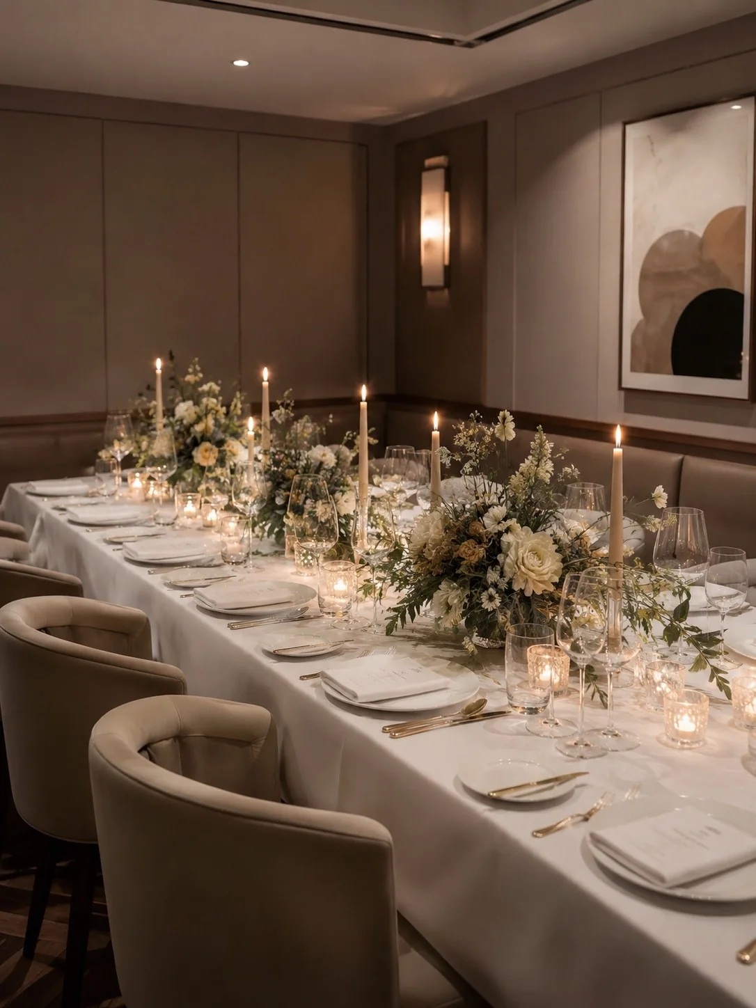 Candlelit private dinner with white garden florals