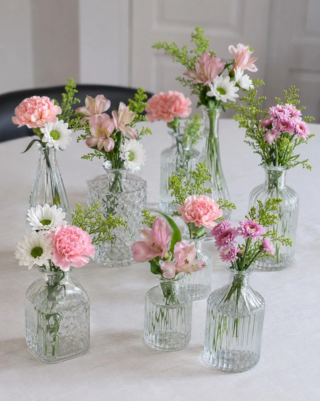 Collection of delicate pink and white bud vases