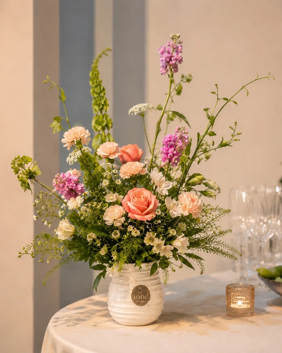 Soft garden-style floral arrangement in a white vessel