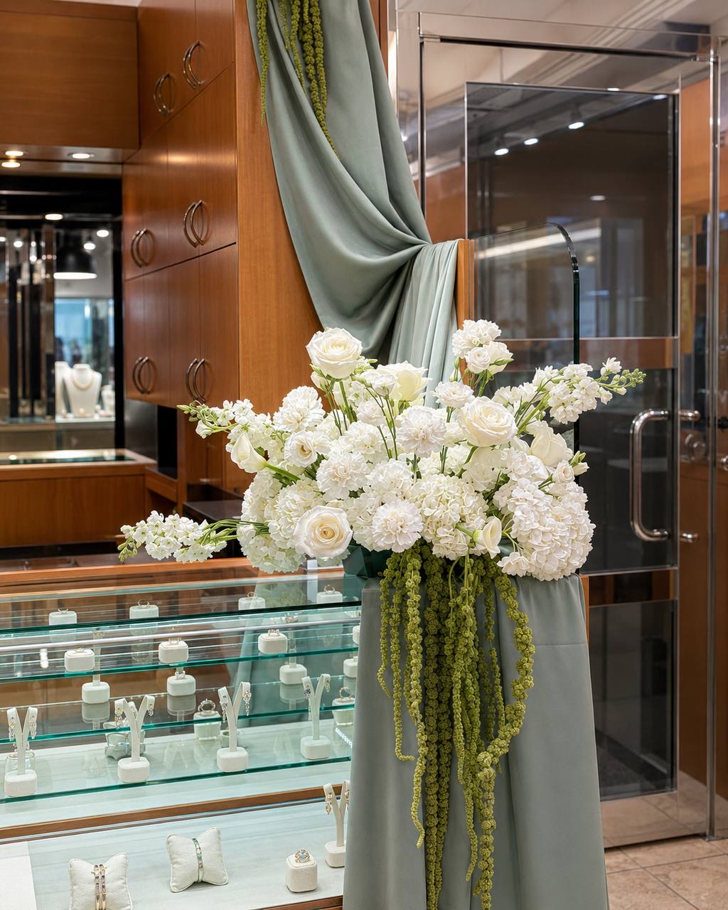 Luxe white floral installation in a retail space