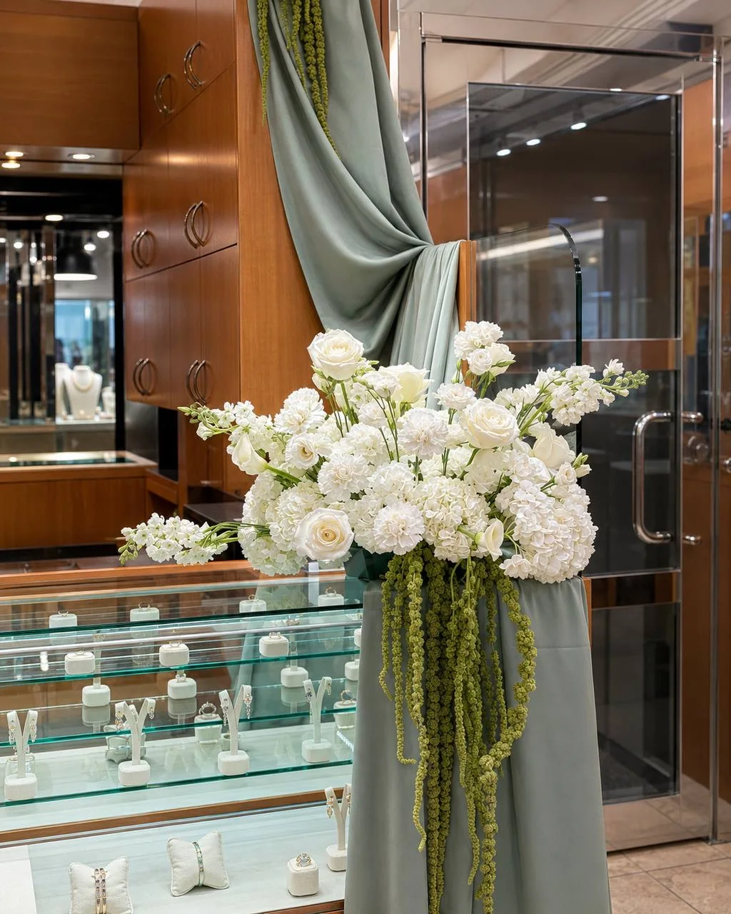 White floral installation in a jewelry retail space